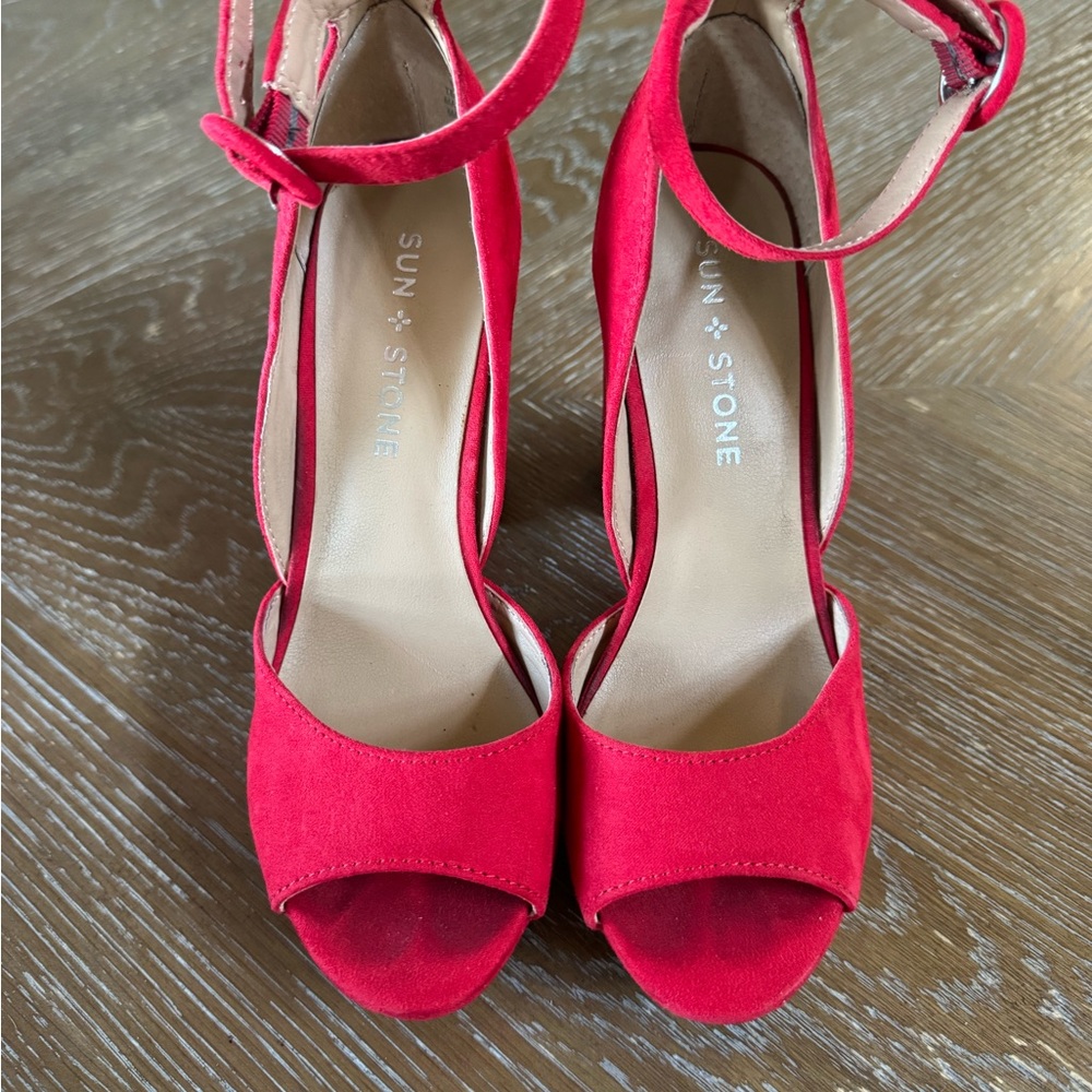 Sun + Stone Red Peep-Toe Heels with Ankle Strap